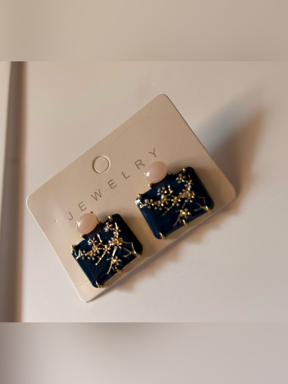 Vintage Navy and Gold Floral Panel Earrings with Soft Pink Accent